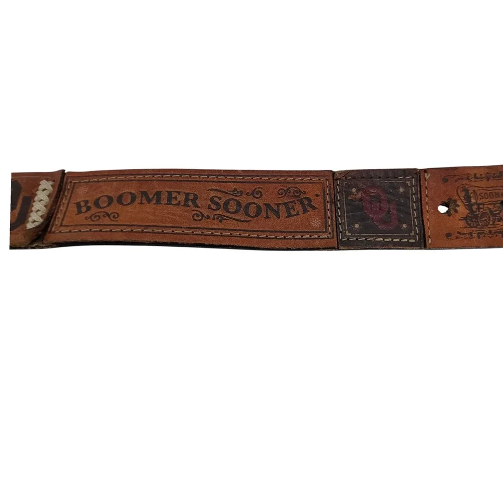 Fossil Oklahoma Sooners Womens L Brown Tooled‎ Leather Boomer Sooner Belt